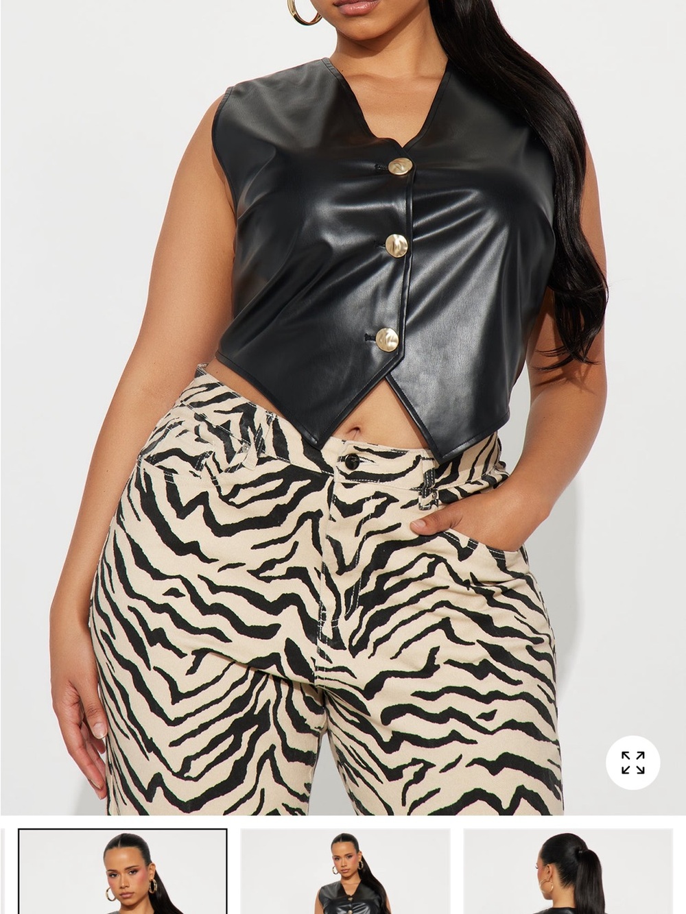 Fashion Nova Black Faux Leather V-Neck Button Crop Top